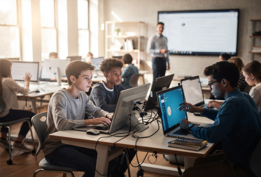 Students on laptops and desktops during a whole-class lesson