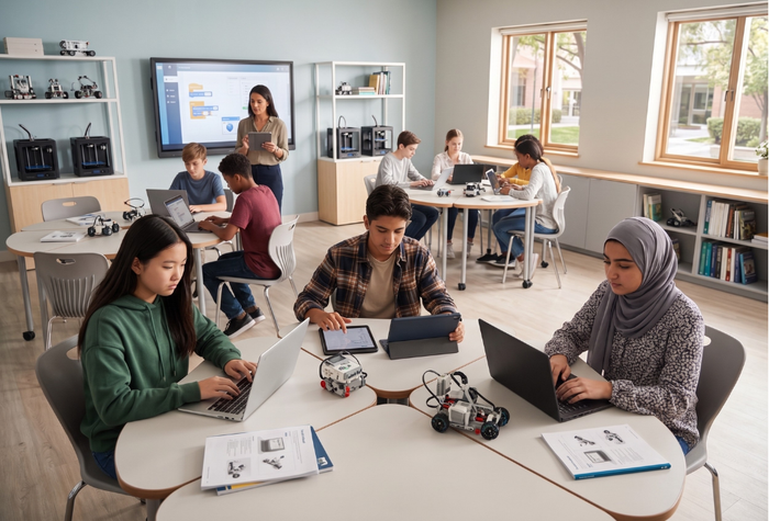 Students working in small groups with robotics kits
