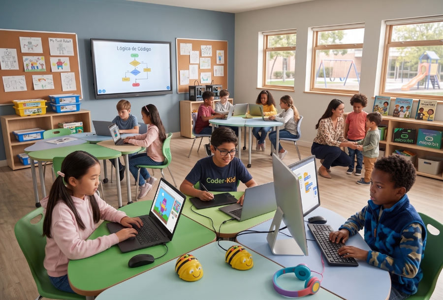 Students coding in a STEM classroom